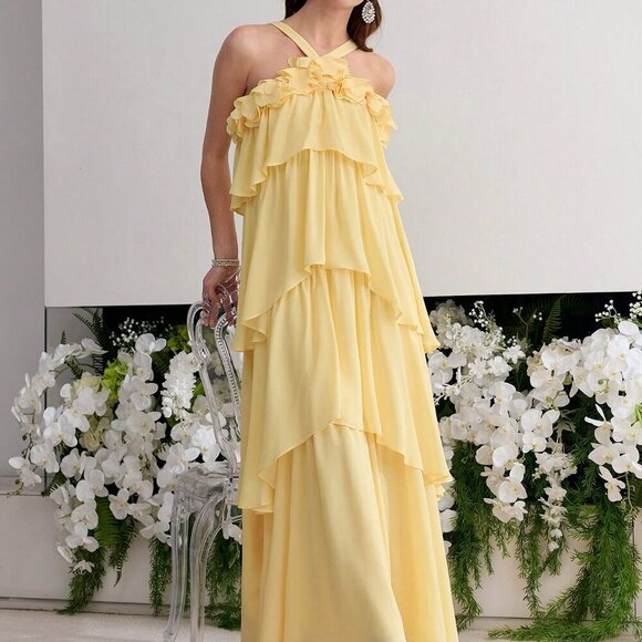Yellow Elegant Women's Ruffle Trim Maxi Dress - Picture 4 of 7